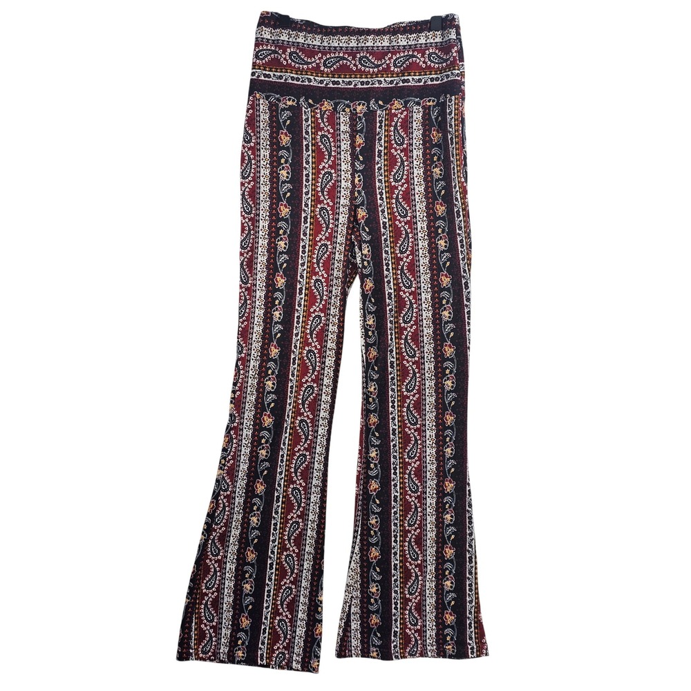 Shosho Womens Paisley Floral Flare Pants Burgundy Black Boho Bell Bottoms M